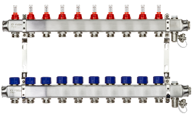 Коллекторная группа SSM-10RF set 10 контуров 1' x 3/4' с расходомерами и кронштейнами
