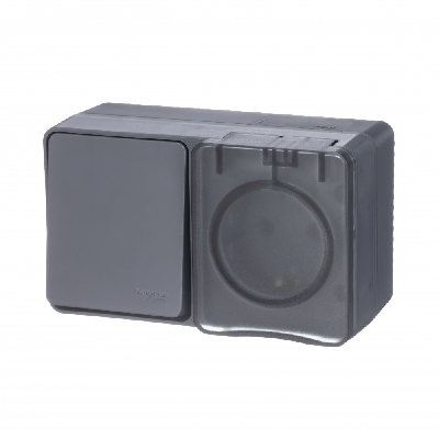 AtlasDesign Profi54 БЛОК:розетка с  заземлением со шторками 16А 250B, выключатель одноклавишный IP54 10А, АНТРАЦИТ, Россия