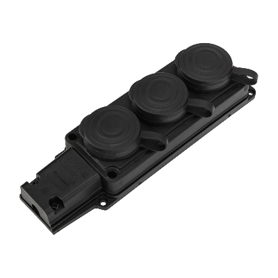 Розетка (колодка) каучук тройная 2Р+РЕ с заземлением 16А IP44 черная