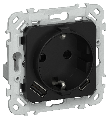 FLITE Розетка 1-местная с заземлением с защитными шторками 16А с USB A+C 20Вт безвинтовое крепление РСЮшс11-1-ФлЧ черный IEK