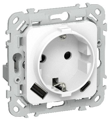 FLITE Розетка 1-местная с заземлением с защитными шторками 16А с USB A+C 20Вт безвинтовое крепление РСЮшс11-1-ФлБ белый IEK