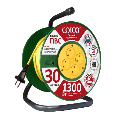 Удлинитель ТМ Союз силовой на катушке с 4  гнезда 1300 Вт 30м