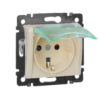 Розетка 1-местная с заземлением с защитными шторками и крышкой 16А IP44 слоновая кость VALENA