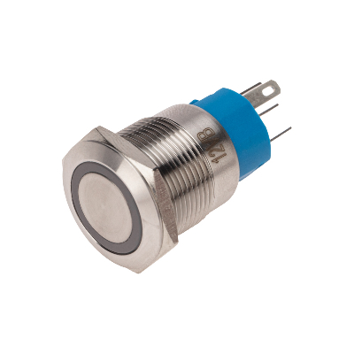 Кнопка антивандальная 19 12В Фикс (5c) ON-OFF/OFF-ON подсв/синяя