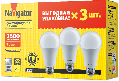 Лампа светодиодная 15вт NLL-A60-15-230-4K-E27-PACK3