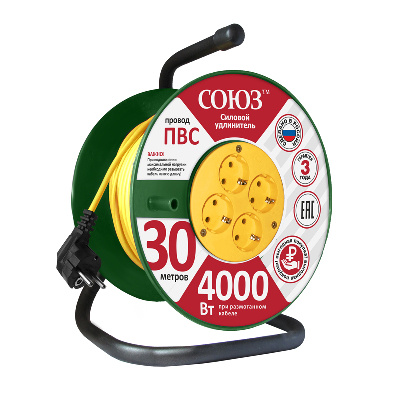 Удлинитель силовой Союз на катушке 4 гнезда 4000 Вт с защитной крышкой 30м