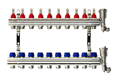 Коллекторная группа FHF-10RF set 10 контуров 1' х 3/4' с расходомерами, воздухоотводчиками и кронштейнами
