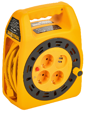 Катушка с заземлением и термозащитой УК15 3 места 2P+PE 3х1,5 мм 2 USB х 2 LED 15 м INDUSTRIAL