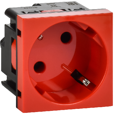 Розетка с заземлением  -  винтовые зажимы - со шторками 16А 250В - 45°- 2 модуля - красный