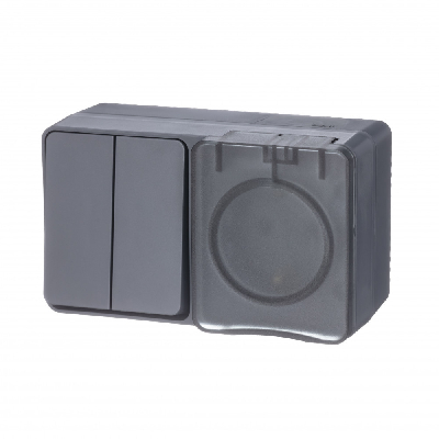 AtlasDesign Profi54 БЛОК: розетка с  заземлением со шторками 16А 250B, выключатель двухклавишный IP54 10А, АНТРАЦИТ, Россия