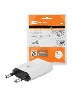 Вилка без заземления белая 10А 250В (евровилка CEE 7/16) прямой вывод проводника