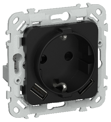 FLITE Розетка 1-местная с заземлением с защитными шторками 16А с USB A+A 3,1А безвинтовое крепление РСЮша11-1-ФлЧ черный IEK