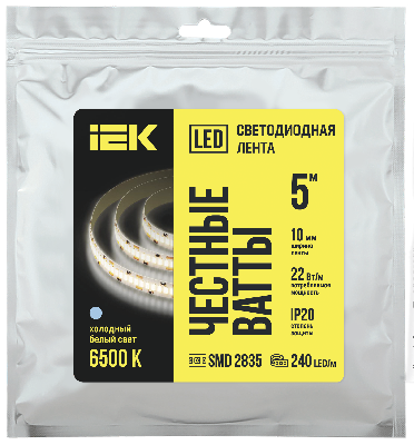 Лента светодиодная 5м SMD2835 240LED/м 22Вт/м IP20 ширина 10мм 24В холодный белый IEK