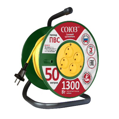 Удлинитель ТМ Союз силовой на катушке с 4 гнезда 1300 Вт 50м